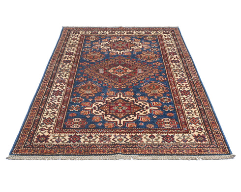 4x6 Ft Blue Kazak Afghan Hand Knotted Traditional Wool Area Rug